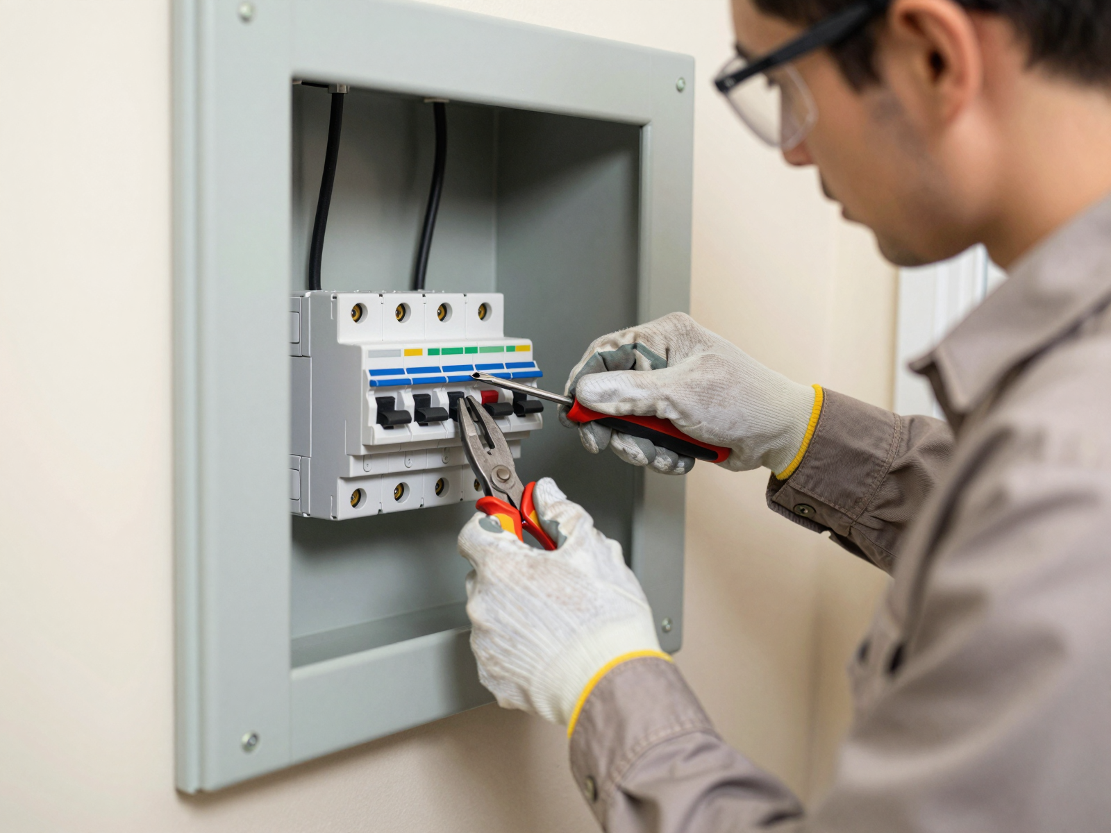 Electrician installing residential circuit breaker