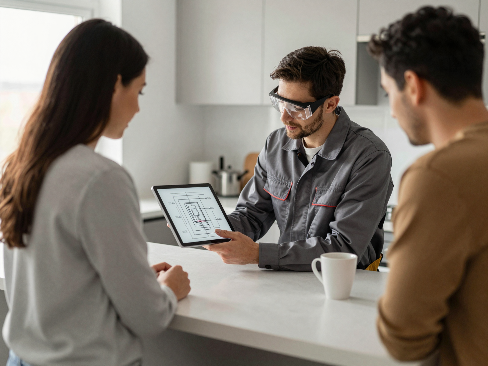 Electrician consulting with homeowner about electrical plan